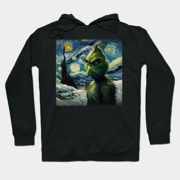 Whimsical Night: Mischievous Green Character - Starry Night Inspired Holiday Art Hoodie by Edd Paint Something